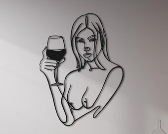 Minimalist Wine Woman Metal Wall Art: Continuous Line Decor