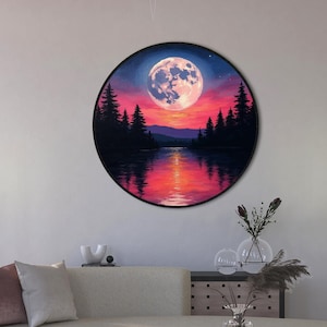 Decorazione da parete in metallo colorato con montagna e foresta, cartello da parete in metallo con luna piena e lago, decorazione da parete per camera da letto, regalo di Natale, regalo di inaugurazione della casa, arte