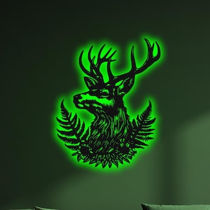 Ritratto di cervo nella foresta Cartello da parete in metallo a LED, Decorazione da parete in metallo con alce, Arte da parete per camera da letto, Regalo per papà, Regalo di Natale, Decorazione da fattoria, Arte