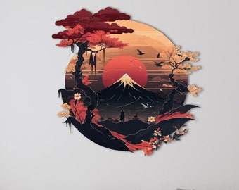Fuji Mountain Samurai Metal Wall Art: Sakura Blossom Decor