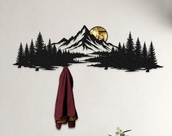 Sunset Metal Wall Rack: Mountain and Forest Sign, Ergonomic Design, Gift for New Home, Farmhouse Decor