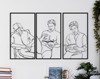 Men Reading Book Metal Wall Art: Minimalist Line Decor, Set of 3