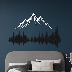 Decorazione da parete in metallo con motivo montagna e foresta, grande cartello da parete con natura, decorazione da parete per soggiorno, regalo di inaugurazione della casa, arredamento rustico, regalo di Natale