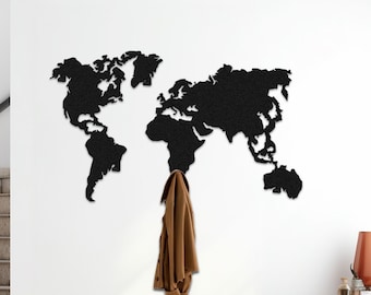 World Map Metal Wall Coat Rack, Metal Wall Sign, Entryway Metal Organizer, Clothe Hanger, Metal Key Holder, Home Accessories, Christmas Gift