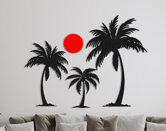 May include: Three black silhouette palm trees with a red circle behind them on a white wall. A gray couch with pillows is in the foreground.
