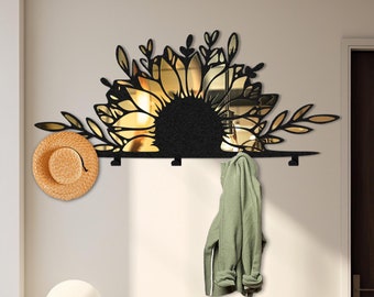 Sunflower Metal Pleximirror Wall Hanger, Nature Coat Rack, Bag Holder, Wall Mounted Coat Rack, Christmas Gift, Farmhouse Wall Art, Wall Sign