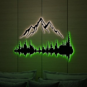 Decorazione da parete a LED in metallo di montagna e foresta, targa da parete in metallo collina, arte della parete del soggiorno, idee per la decorazione della parete, regalo per il padre, regalo di Natale, insegna