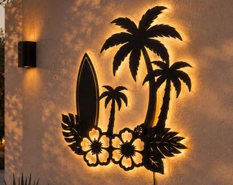 Tropical Palm Tree Wall Art with LED Light, Metal Surfboard Wall Decor, Hawaiian Beach Decor, Outdoor Patio Wall Hanging, Coastal Home Gift