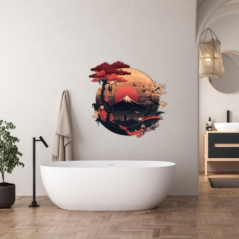 fuji mountain,
metal wall decor,
samurai silhouette,
sakura blossom,
autumn wall sign,
christmas gift,
sacred theme,
gift for him,
eastern warrior,
uv printing,
colorfull wall art,
japanese theme,
home and living,