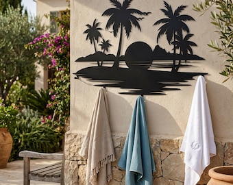 Palm Tree Art Metal Coat Hanger: Tropical Wall Decor, Poolside Organizer, SPA Towel Holder