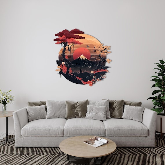 Fuji Mountain Samurai Metal Wall Art: Sakura Blossom Decor