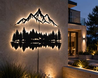 Mountain and Forest Metal LED Wall Art: Canadian Silhouette, Patio and Outdoor Sign, Christmas Gift