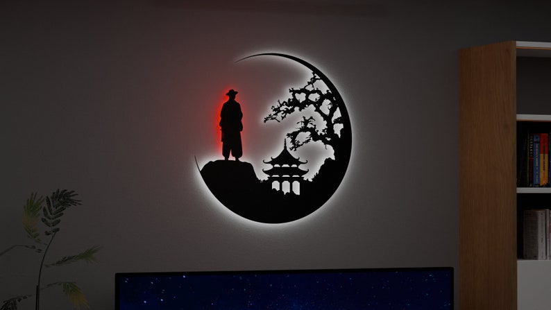 Led Design Samurai Samurai and Moon Metal LED Wall Decor: Japanese Art Sign - Etsy