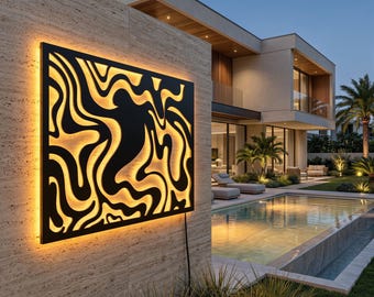 Contemporary Abstract Metal LED Wall Art: Modern Facade Decor, Garden Wall Sign, Geometric Farmhouse Panel
