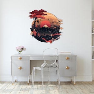 fuji mountain,
metal wall decor,
samurai silhouette,
sakura blossom,
autumn wall sign,
christmas gift,
sacred theme,
gift for him,
eastern warrior,
uv printing,
colorfull wall art,
japanese theme,
home and living,