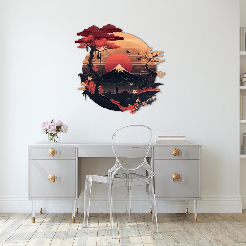 fuji mountain,
metal wall decor,
samurai silhouette,
sakura blossom,
autumn wall sign,
christmas gift,
sacred theme,
gift for him,
eastern warrior,
uv printing,
colorfull wall art,
japanese theme,
home and living,