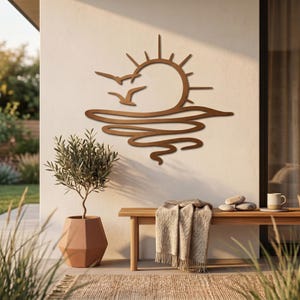 Arte de parede em metal com nascer do sol e oceano, arte para casa de praia, decoração de pátio com pôr do sol costeiro, arte em metal com sol e ondas, silhueta boho do nascer do sol