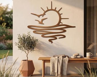 Sunrise and Ocean Metal Wall Art, Beach House Art, Coastal Sunset Patio Decor, Sun and Wave Metal Art, Boho Sunrise Silhouette