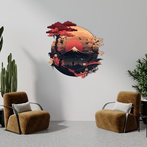 fuji mountain,
metal wall decor,
samurai silhouette,
sakura blossom,
autumn wall sign,
christmas gift,
sacred theme,
gift for him,
eastern warrior,
uv printing,
colorfull wall art,
japanese theme,
home and living,