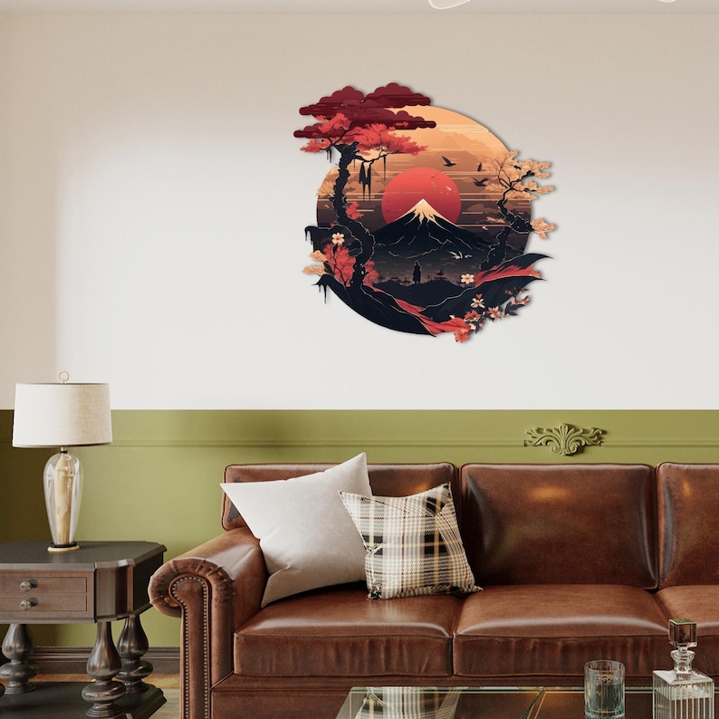 fuji mountain,
metal wall decor,
samurai silhouette,
sakura blossom,
autumn wall sign,
christmas gift,
sacred theme,
gift for him,
eastern warrior,
uv printing,
colorfull wall art,
japanese theme,
home and living,