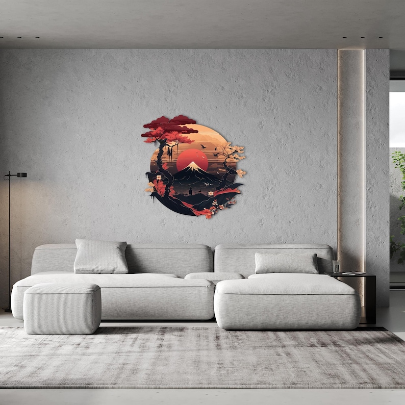 fuji mountain,
metal wall decor,
samurai silhouette,
sakura blossom,
autumn wall sign,
christmas gift,
sacred theme,
gift for him,
eastern warrior,
uv printing,
colorfull wall art,
japanese theme,
home and living,