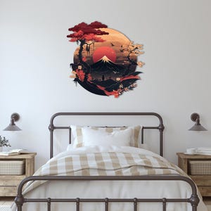 fuji mountain,
metal wall decor,
samurai silhouette,
sakura blossom,
autumn wall sign,
christmas gift,
sacred theme,
gift for him,
eastern warrior,
uv printing,
colorfull wall art,
japanese theme,
home and living,