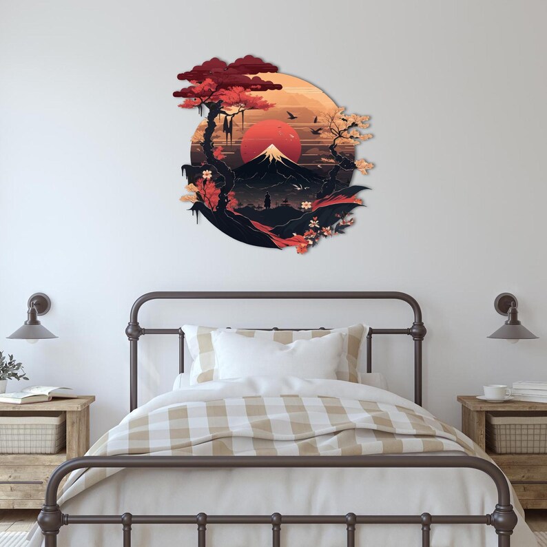 fuji mountain,
metal wall decor,
samurai silhouette,
sakura blossom,
autumn wall sign,
christmas gift,
sacred theme,
gift for him,
eastern warrior,
uv printing,
colorfull wall art,
japanese theme,
home and living,