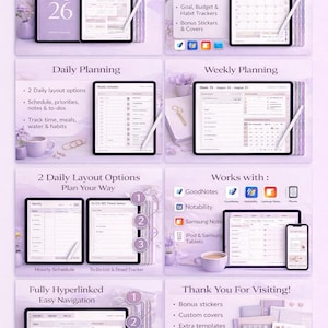 Peut inclure: Planificateur numérique 2026 en PDF, avec des options de planification quotidienne et hebdomadaire, des suivis d'habitudes et des autocollants bonus. Onglets entièrement hyperliés pour une navigation facile. Compatible avec GoodNotes, Notability et Samsung Note.