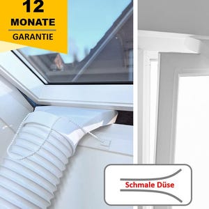 Op de afbeelding: Witte kunststof ventilatieslang met een smalle spuitmond, ontworpen om in een dakraam te passen. De slang is verbonden met een witte kunststof ventilatiebuis. De afbeelding bevat de tekst "Schmale Düse" wat "Smalle spuitmond" betekent in het Nederlands.