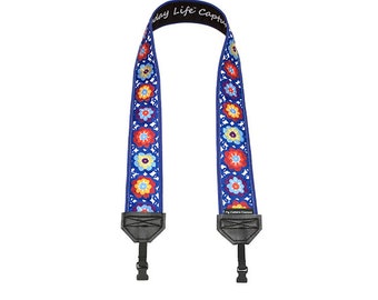 Lacy Flowers on Blue SLR Camera Strap