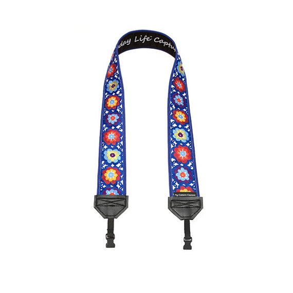 Lacy Flowers on Blue SLR Camera Strap