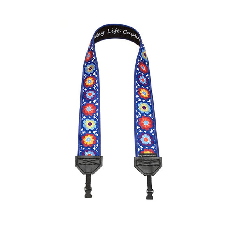 Lacy blue flowers DSLR camera strap with quick-release attachment ends