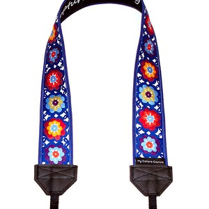 Lacy blue flowers DSLR camera strap with quick-release attachment ends