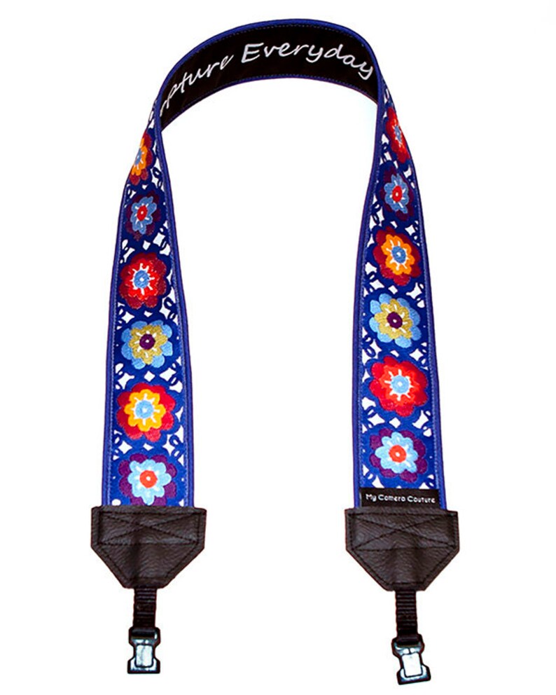 Lacy blue flowers DSLR camera strap with quick-release attachment ends