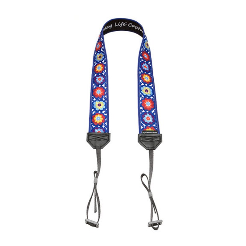 Lacy blue flowers DSLR camera strap with standard attachment ends
