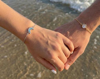 Sun Moon Magnetic Couple Bracelets | Matching Heart Pendants, Copper Stainless Steel