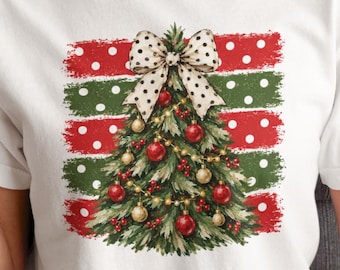 Christmas Tree Bow T-Shirt | Vintage Holiday Graphic Tee | Cute Christmas Shirt for Women | Xmas Gift for Her | Holiday Party Tee