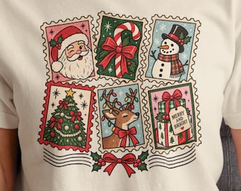 Christmas Shirt for Women, Vintage Holiday Postage Stamp Tee, Retro Santa Snowman Reindeer T Shirt, Merry and Bright Christmas Gift