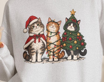 Christmas Cat Sweatshirt for Women, Cute Holiday Cat Crewneck, Funny Cat Christmas Sweater, Cat Lover Gift, Winter Graphic Sweatshirt