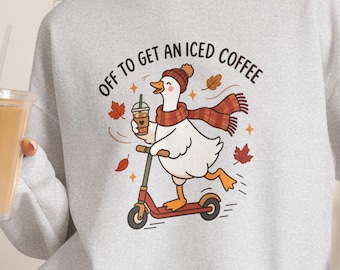Funny Goose Sweatshirt: Iced Coffee Lover Crewneck, Cute Fall Animal Sweater, Autumn Coffee Run Graphic, Cozy Gift for Women and Girls