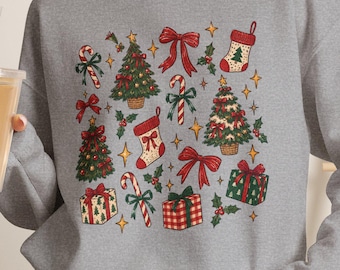 Christmas Sweatshirt for Women, Retro Holiday Crewneck, Vintage Christmas Tree Sweater, Cute Bow and Stocking Shirt, Winter Gift for Her