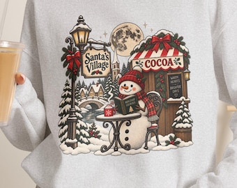 Snowman Christmas Sweatshirt for Women: Vintage Holiday Village Crewneck, Hot Cocoa Graphic Winter Sweater, Cute Christmas Gift for Her