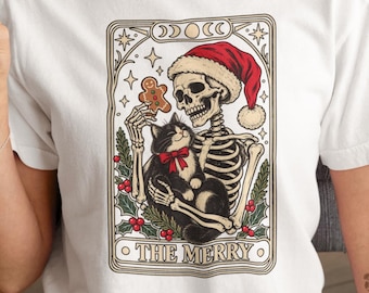 Gothic Christmas Shirt: Skeleton Santa Tarot Card Tee, Black Cat Holiday T-Shirt, Witchy Christmas Graphic, Alternative Xmas Gift for Women