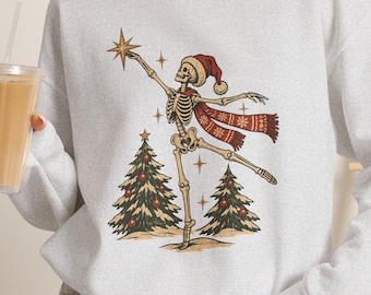 Skeleton Christmas Sweatshirt: Gothic Holiday Crewneck, Dancing Skeleton Sweater, Ballet Dancer Gift, Vintage Christmas Graphic for Women