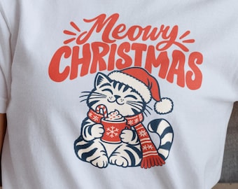 Christmas Cat Shirt, Meowy Christmas Tee, Funny Holiday Graphic T Shirt, Cute Cat Mom Gift, Retro Kitty Shirt for Women and Cat Lovers