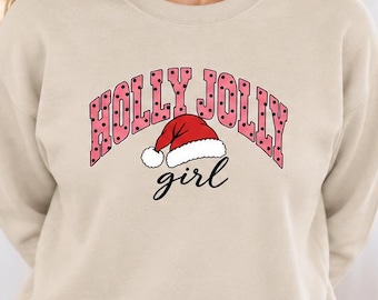 Christmas Sweatshirt for Women: Cute Holly Jolly Girl Crewneck, Pink Santa Hat Sweater, Girly Holiday Outfit, Cozy Festive Gift for Her