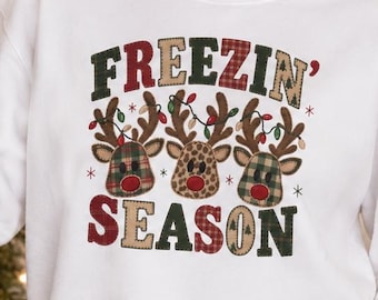 Christmas Sweatshirt for Women, Freezin Season Reindeer Crewneck, Funny Holiday Sweater, Cute Plaid Christmas Shirt, Winter Gift for Her