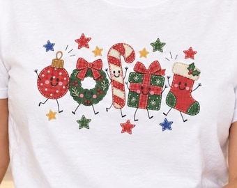 Cute Christmas Shirt for Women, Holiday Character Graphic Tee, Retro Ornament Candy Cane Present T Shirt, Festive Winter Gift for Her