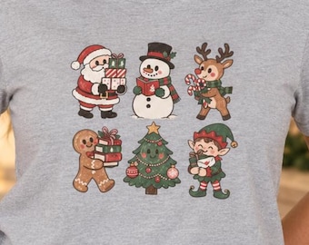 Christmas Shirt for Women, Retro Holiday Graphic Tee, Cute Christmas Characters T Shirt, Vintage Santa Snowman Reindeer Gift for Her