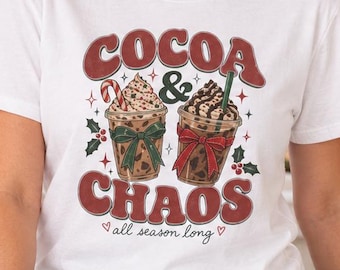 Christmas Coffee Shirt for Women, Cocoa and Chaos Holiday Tee, Funny Iced Coffee Graphic T Shirt, Coffee Lover Gift, Retro Christmas Top